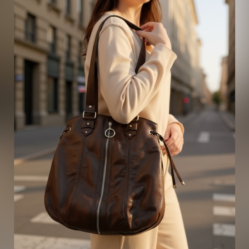Via Spiga Shoulder Bag Leather Purse Zipper Accent
